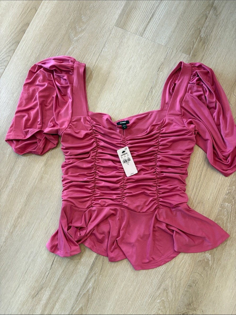 Express Rose Ruched Square Neck Puff Sleeve Peplum Top